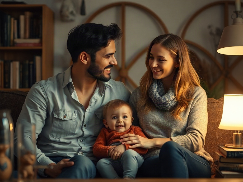 Счастливая семья сидит на диване, родители улыбаются, а ребенок смеется. Уютная атмосфера вечернего времени.